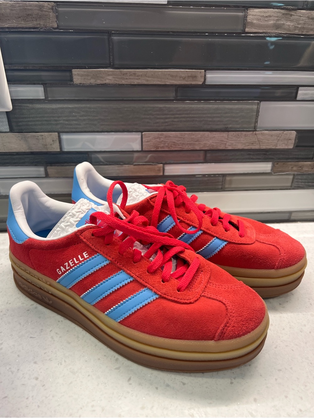 adidas Gazelle Platform Sneakers in Red and Light Blue